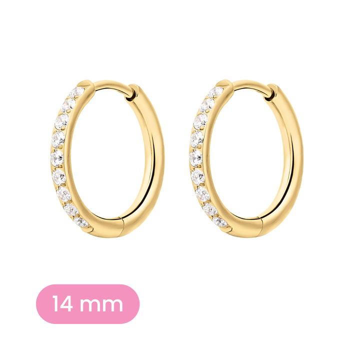 14mm gold and clear CZ hoop variant on a white background