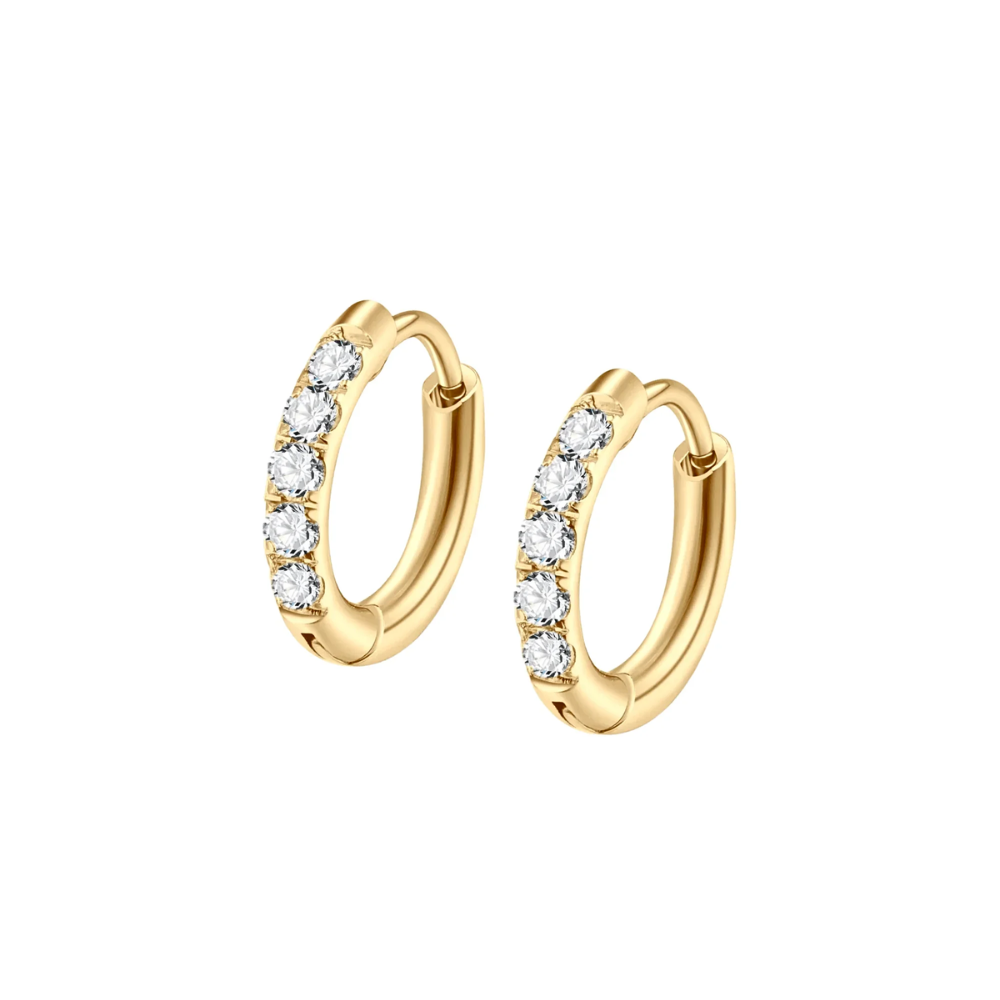 Gold hoop earrings with clear gemstones on a white background