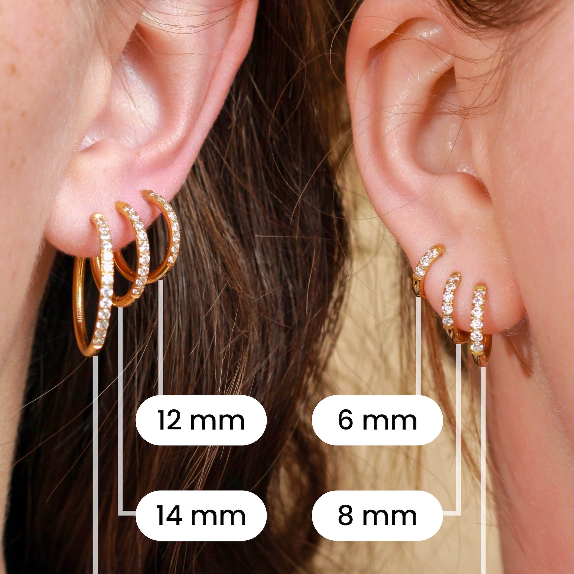 Comparison of 6 different sizes of gold hoops on the ears of 2 models.