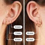 Comparison of gold hoop earrings on ears with labeled sizes.
