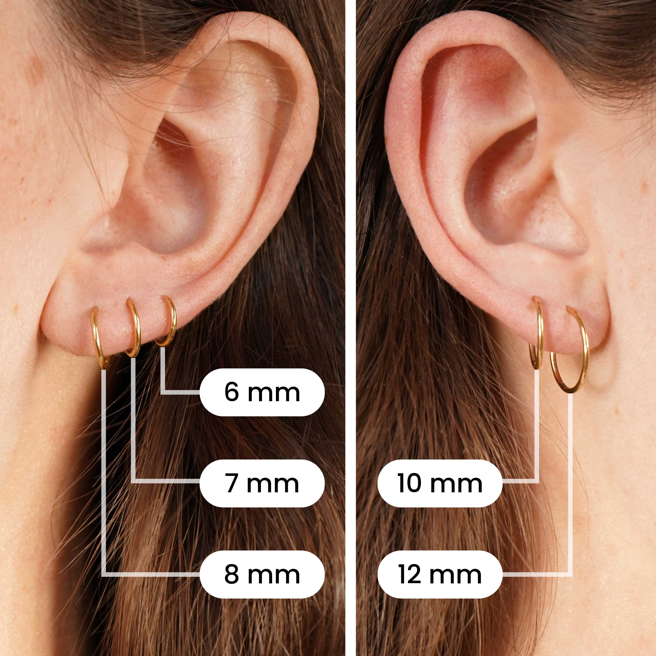 Comparison of gold hoop earrings on ears with labeled sizes.