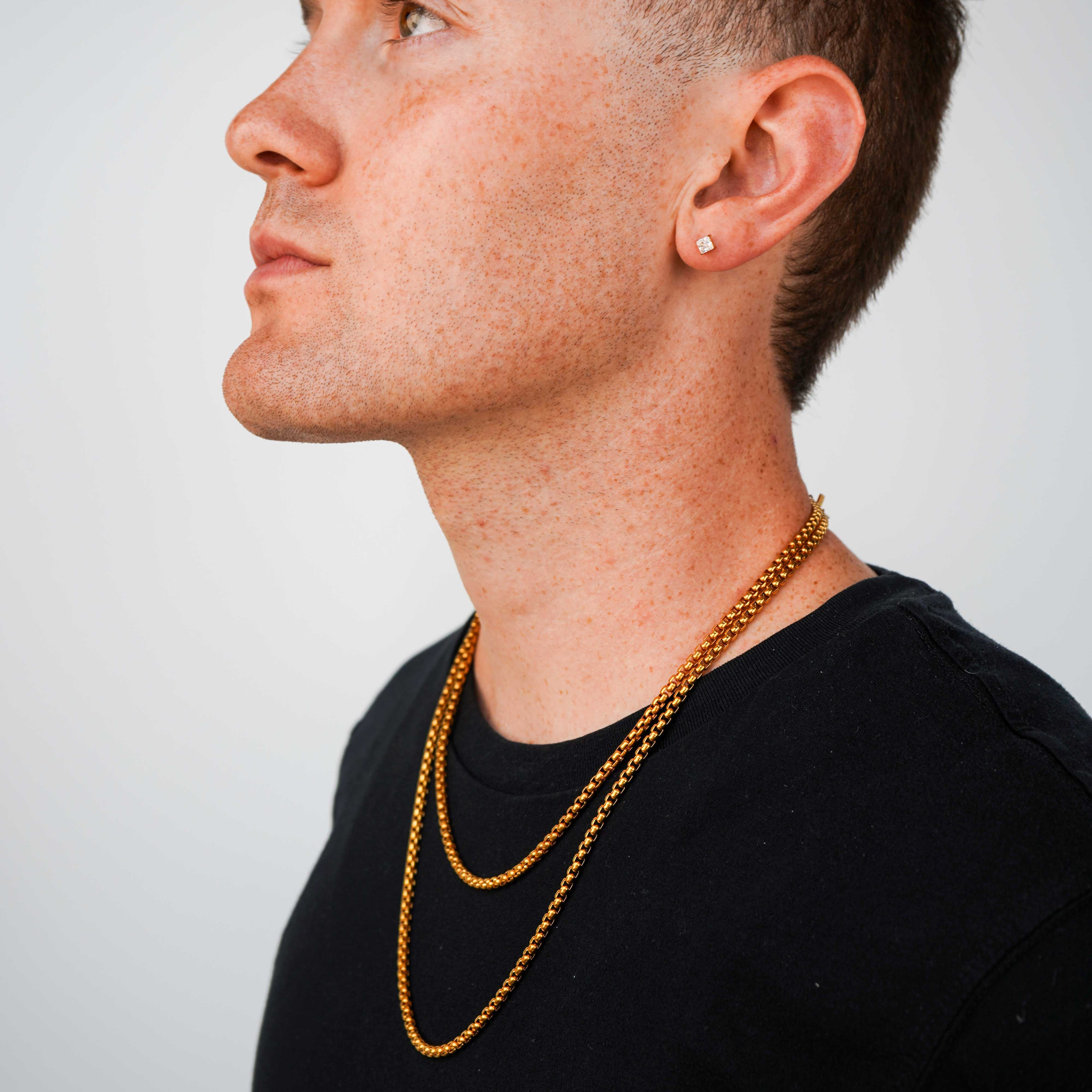A man in profile wearing a layered gold chain necklace and a small gold stud earring, wearing a black t-shirt against a light gray background.