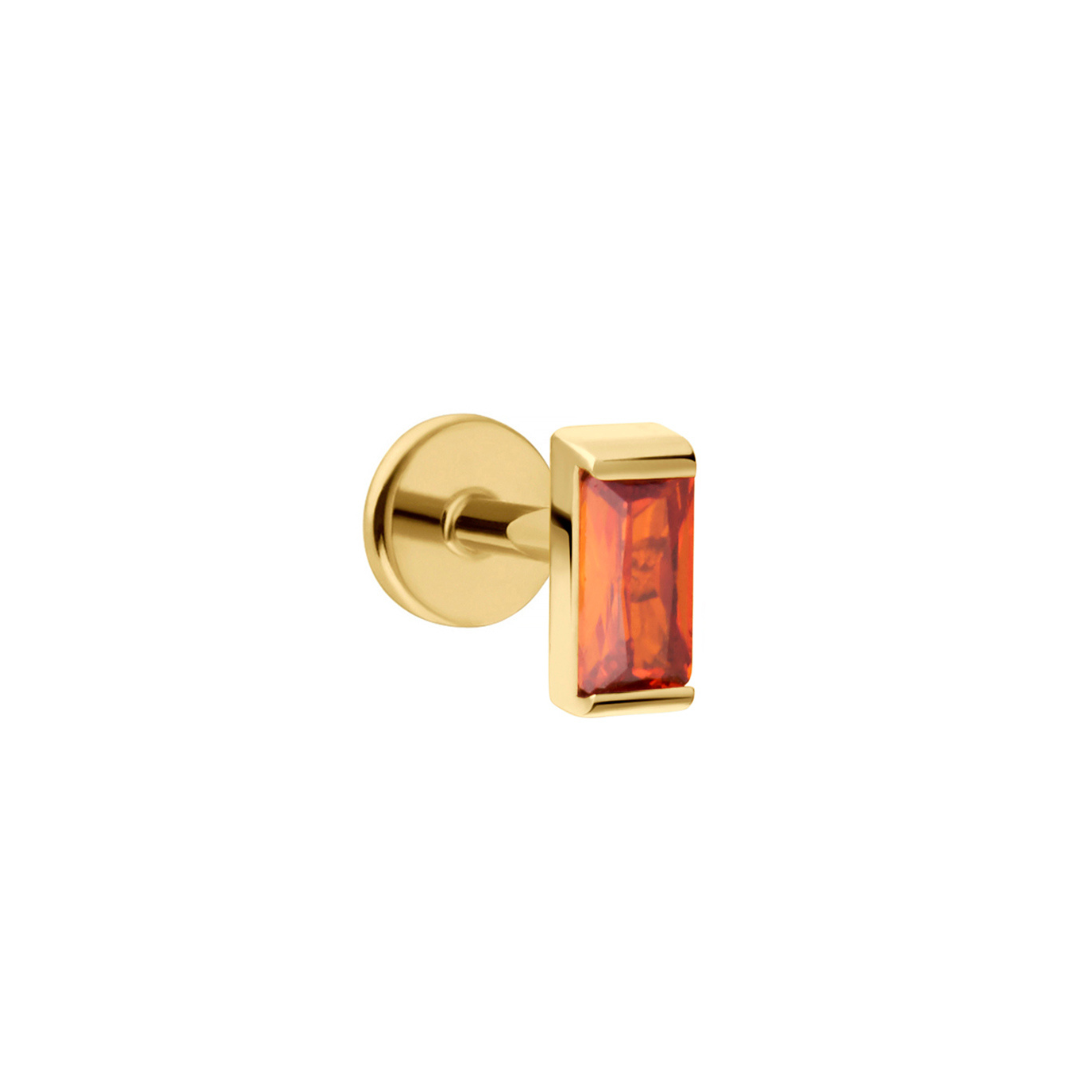 Gold flat back stud with a bezel-set orange CZ on a white background