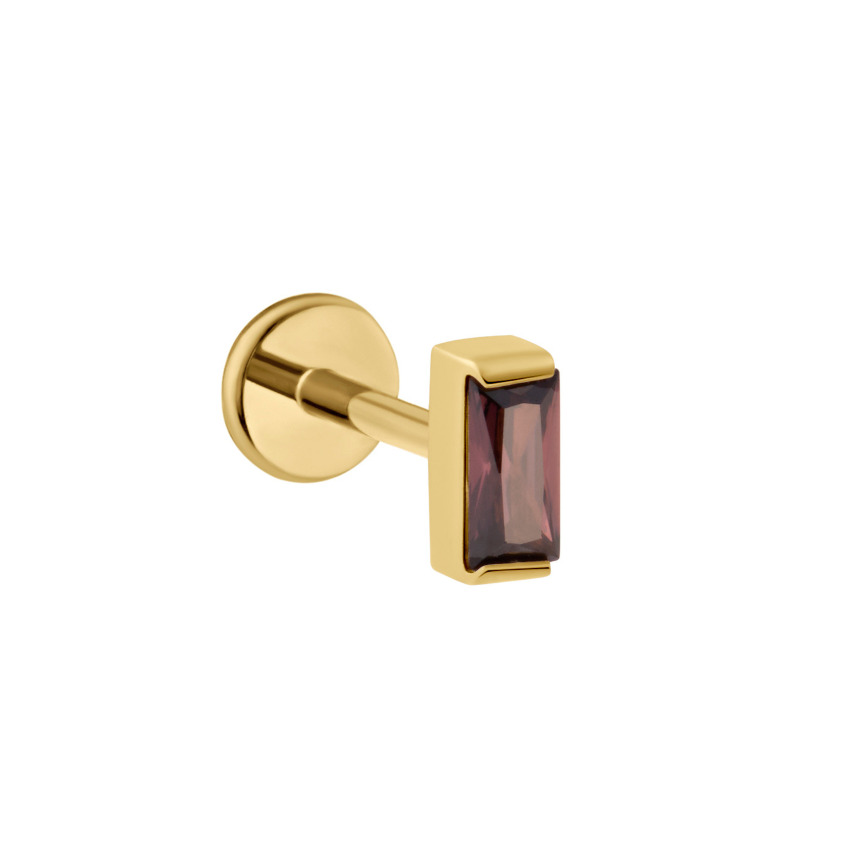 A gold flat back labret earring with a rectangular baguette-cut dark brown gemstone, shown on a plain white background.