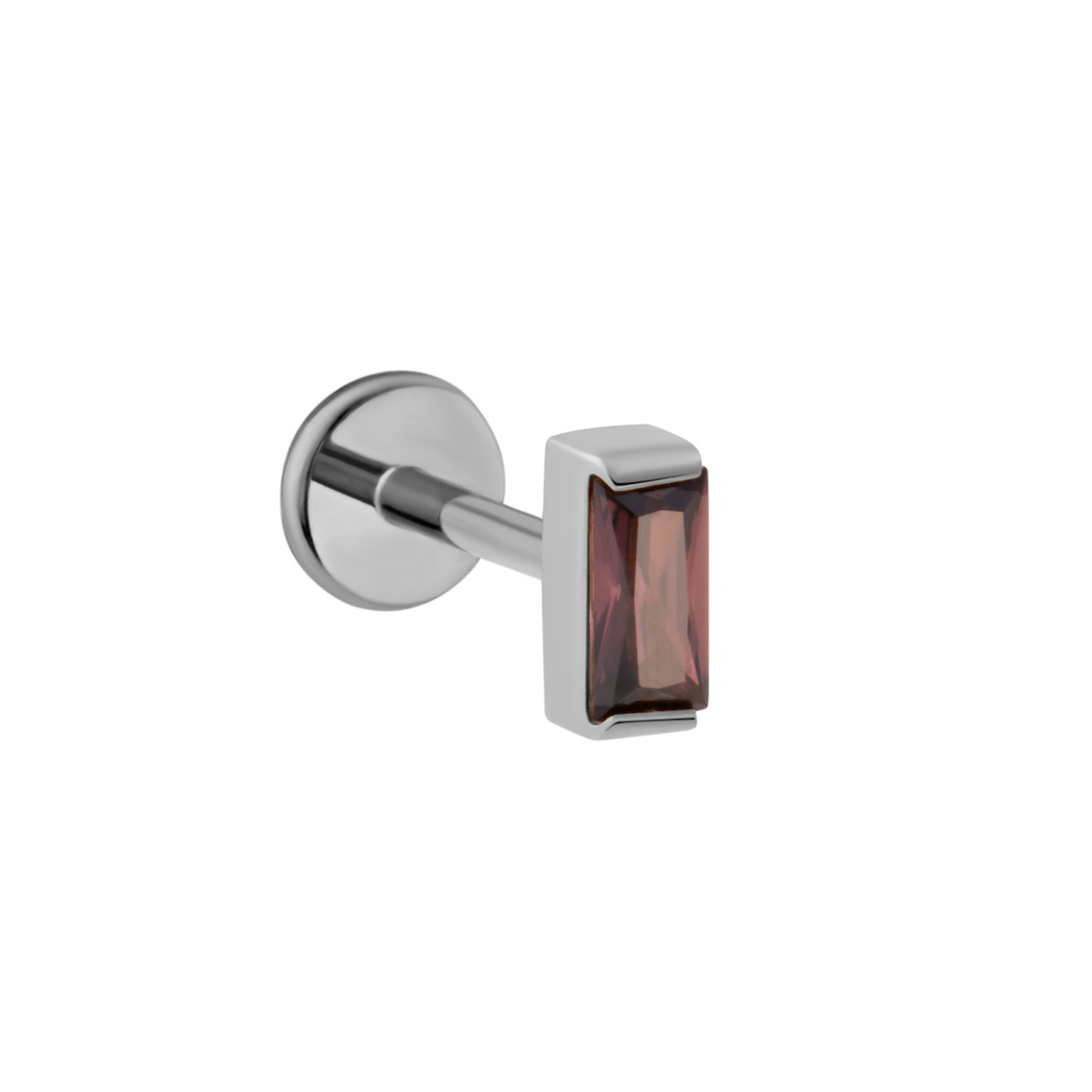 A silver flat back labret earring with a rectangular baguette-cut dark brown gemstone, shown on a plain white background.