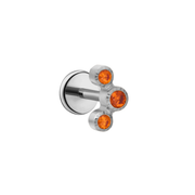 Silver titanium curved flat back stud earring with three round orange gemstones on a white background