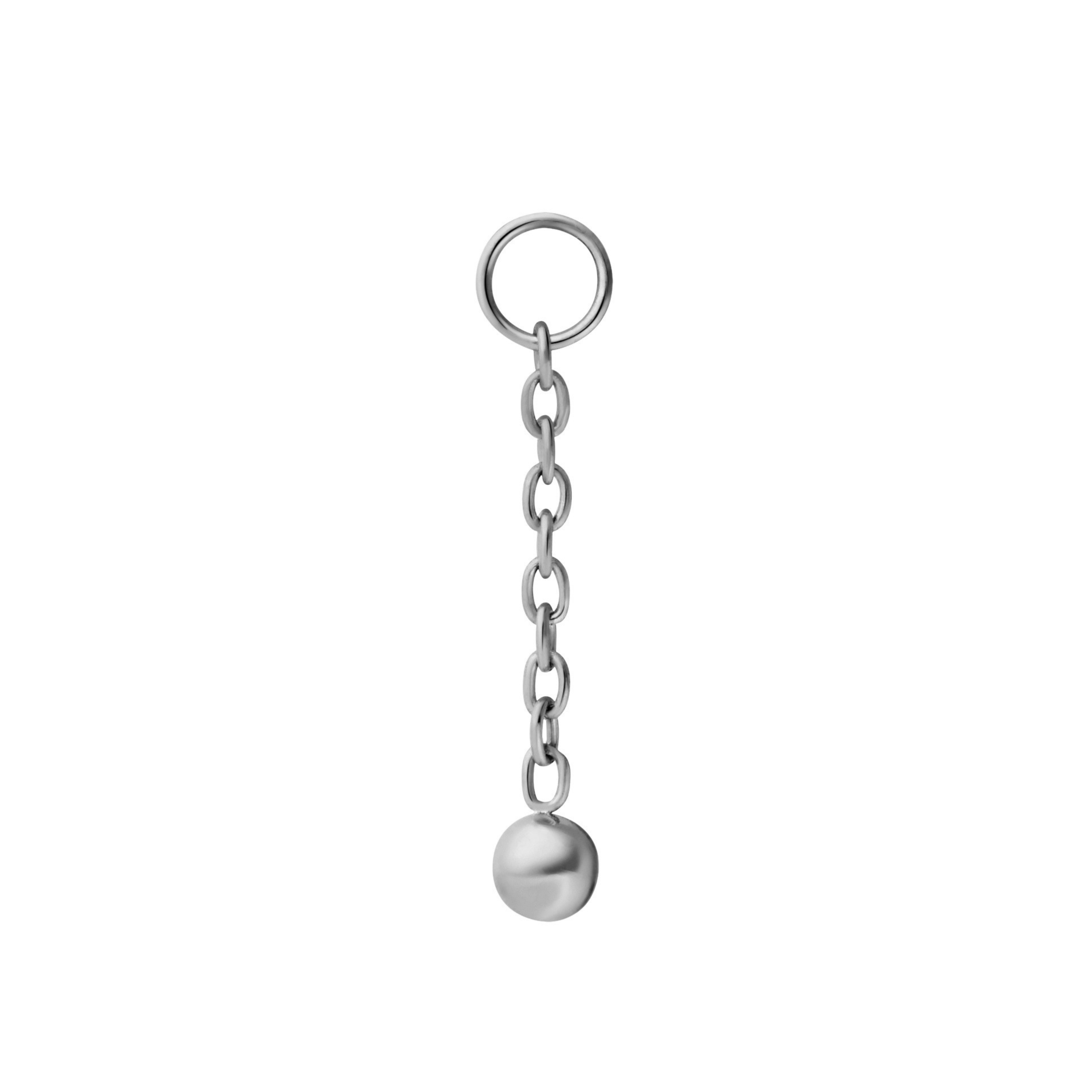 Close up of an earring charm featuring a length of metal chain with a metal ball dangling at the bottom, and a small ring at the top where the charm will link with another earring (like a hoop or a flat back stud). The charm is made from ASTM F136 Implant Grade titanium.