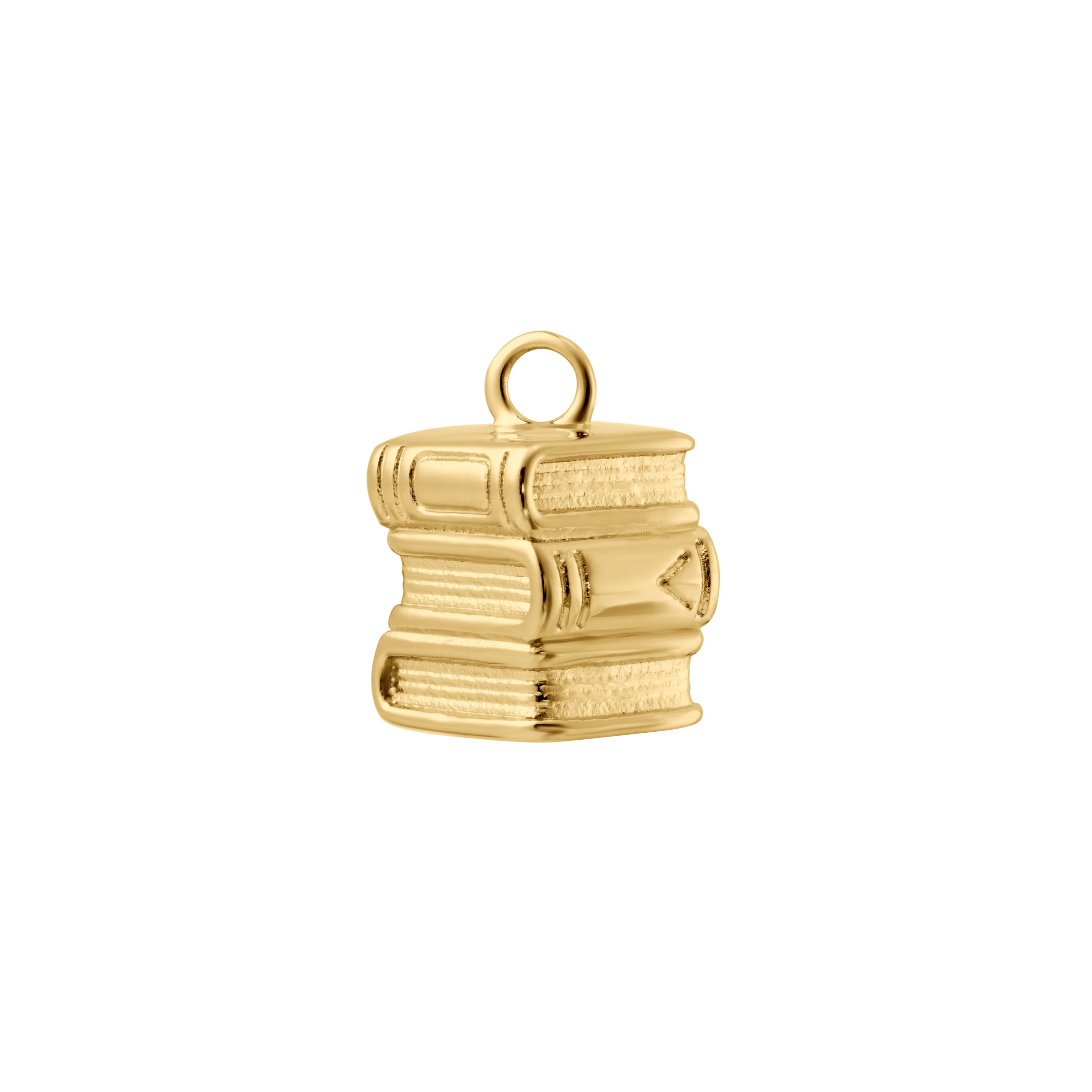 A gold-colored charm shaped like a stack of three books with a small hanging loop at the top, shown on a plain white background.