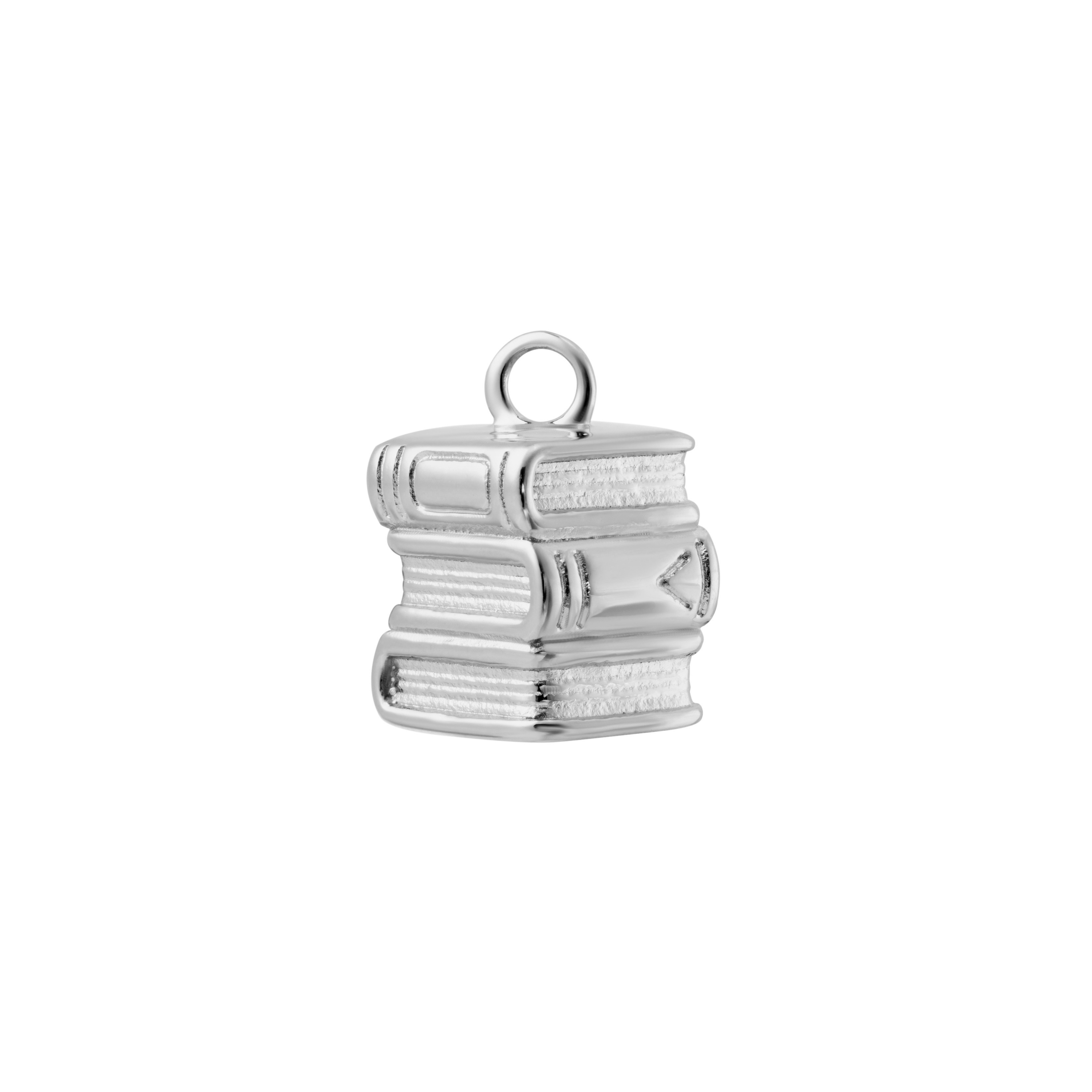 A silver-colored metal charm shaped like a stack of three books with a small hanging loop at the top, shown on a plain white background.