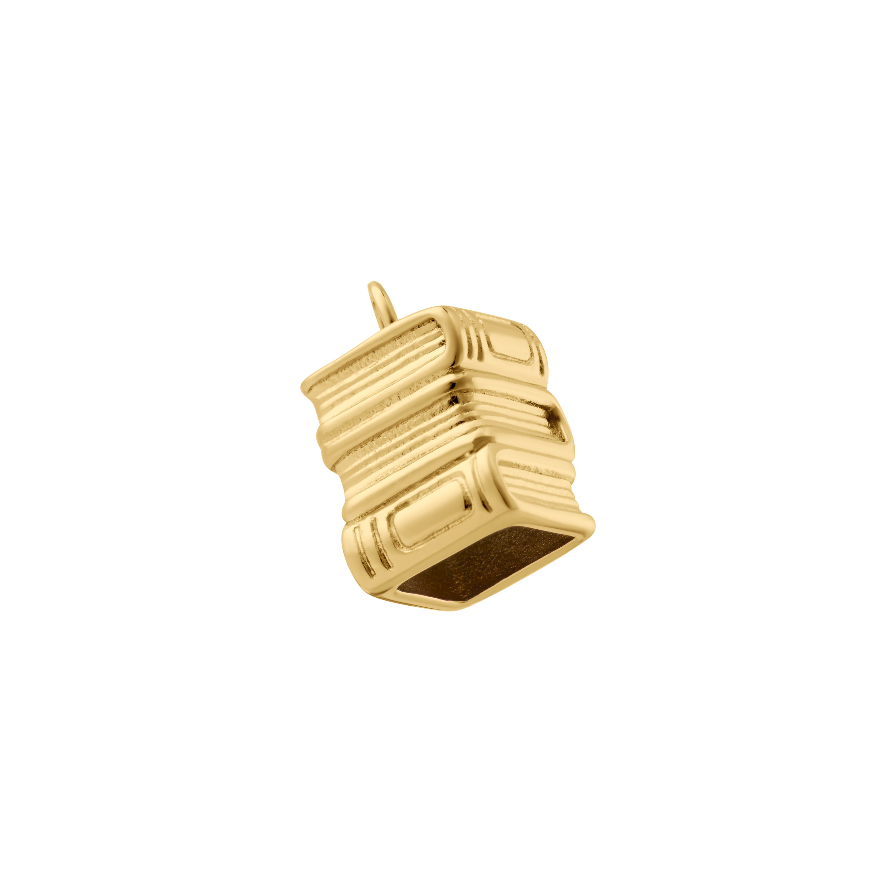 A small gold charm shaped like a stack of books, with a hollow underside, shown on a plain white background.
