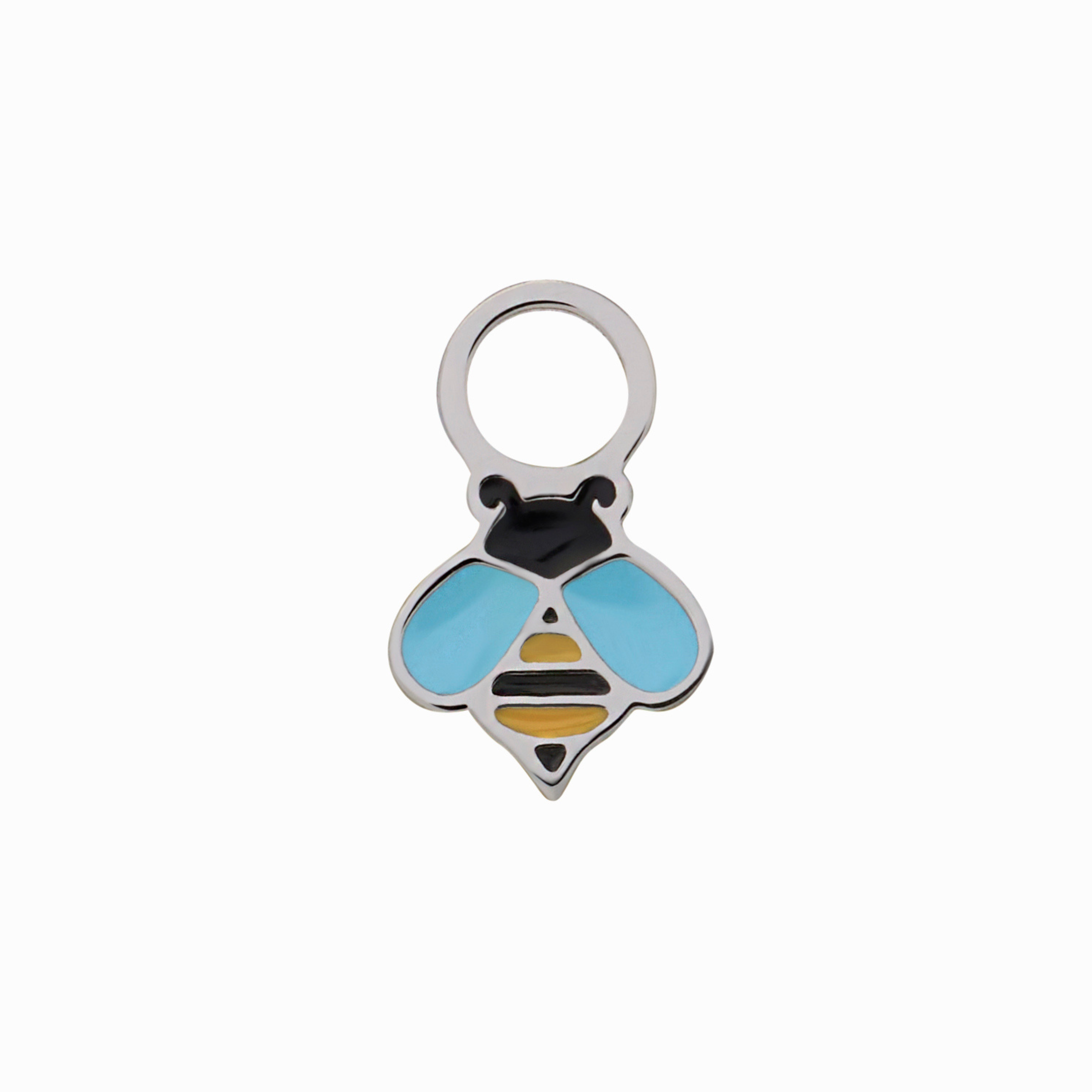 A close up of a bumblebee shaped hoop charm with yellow and black enamel and titanium metal on a white background
