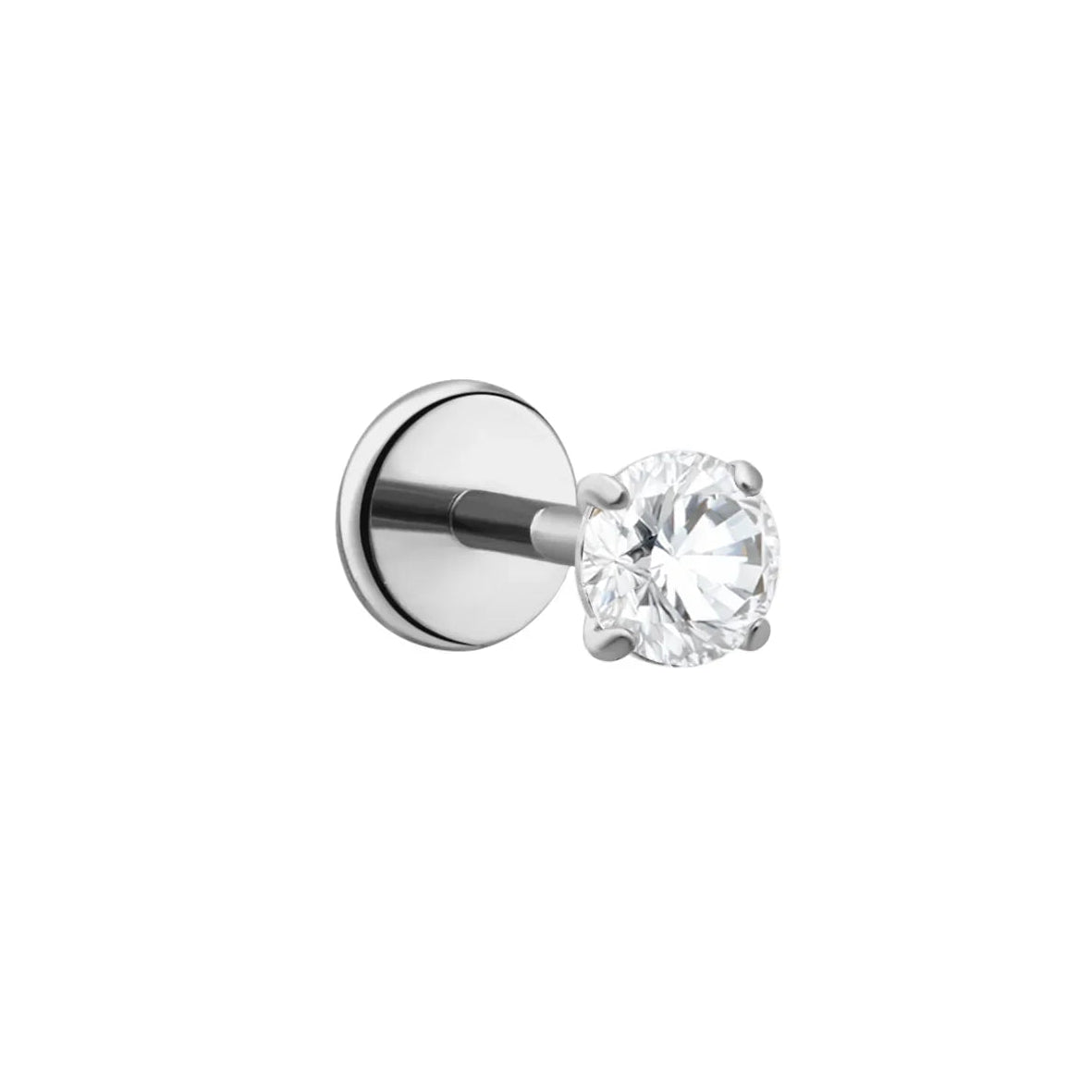 A single titanium silver stud earring featuring a round brilliant-cut clear CZ stone in a four-prong setting, shown against a solid white background.