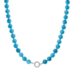 Blue beaded necklace with a silver clasp on a white background