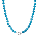 Blue beaded necklace with a silver clasp on a white background