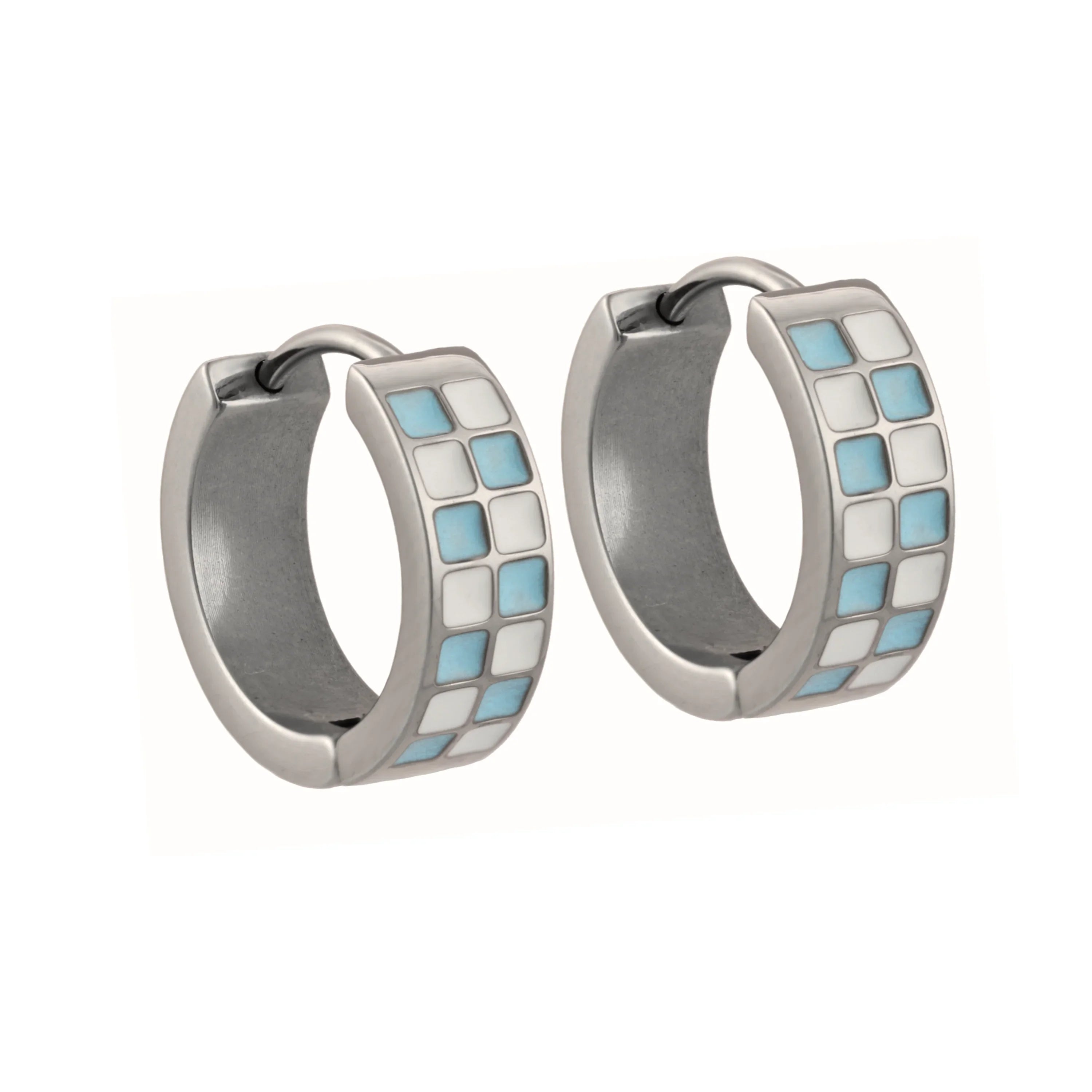 Sky Blue Checker Enamel Titanium Hoops