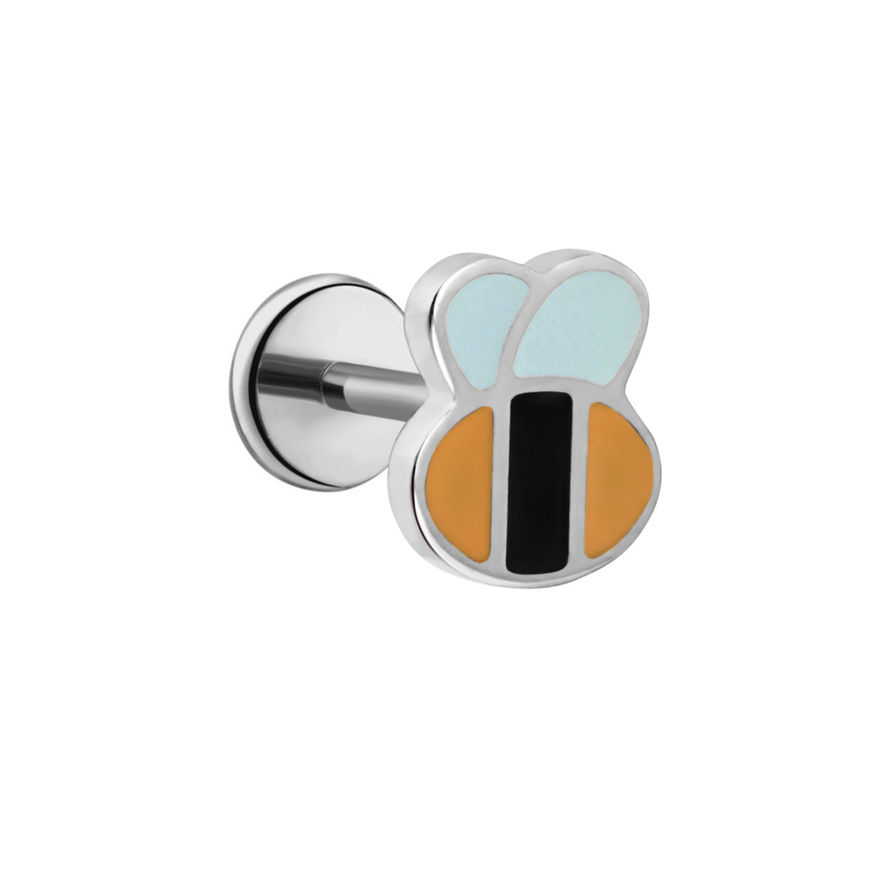A close up of a bumblebee shaped flat back stud with yellow and black enamel and gold-plated titanium metal on a white background