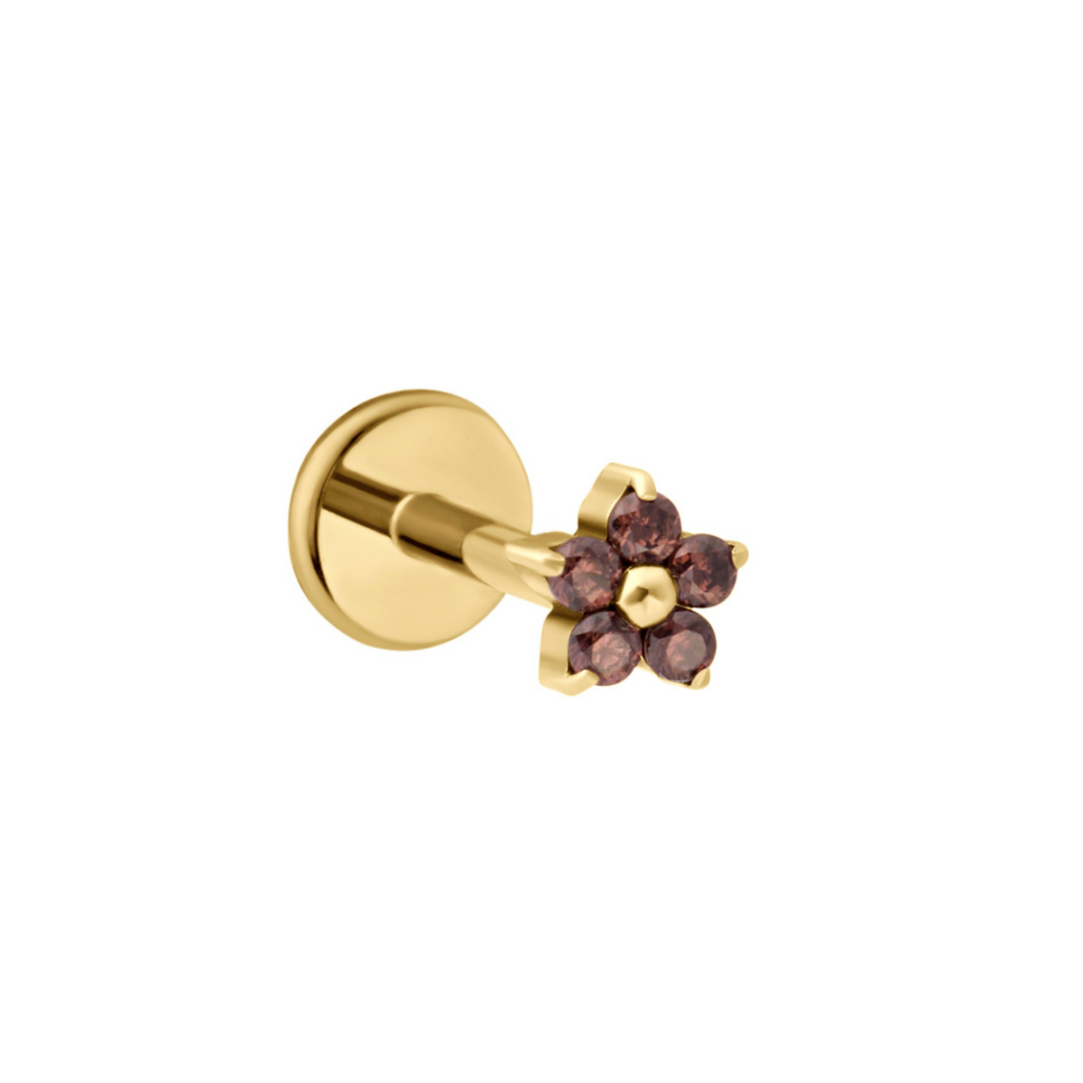 A gold flat-back labret stud earring featuring a small flower cluster with five faceted dark brown gemstones, shown against a plain white background.