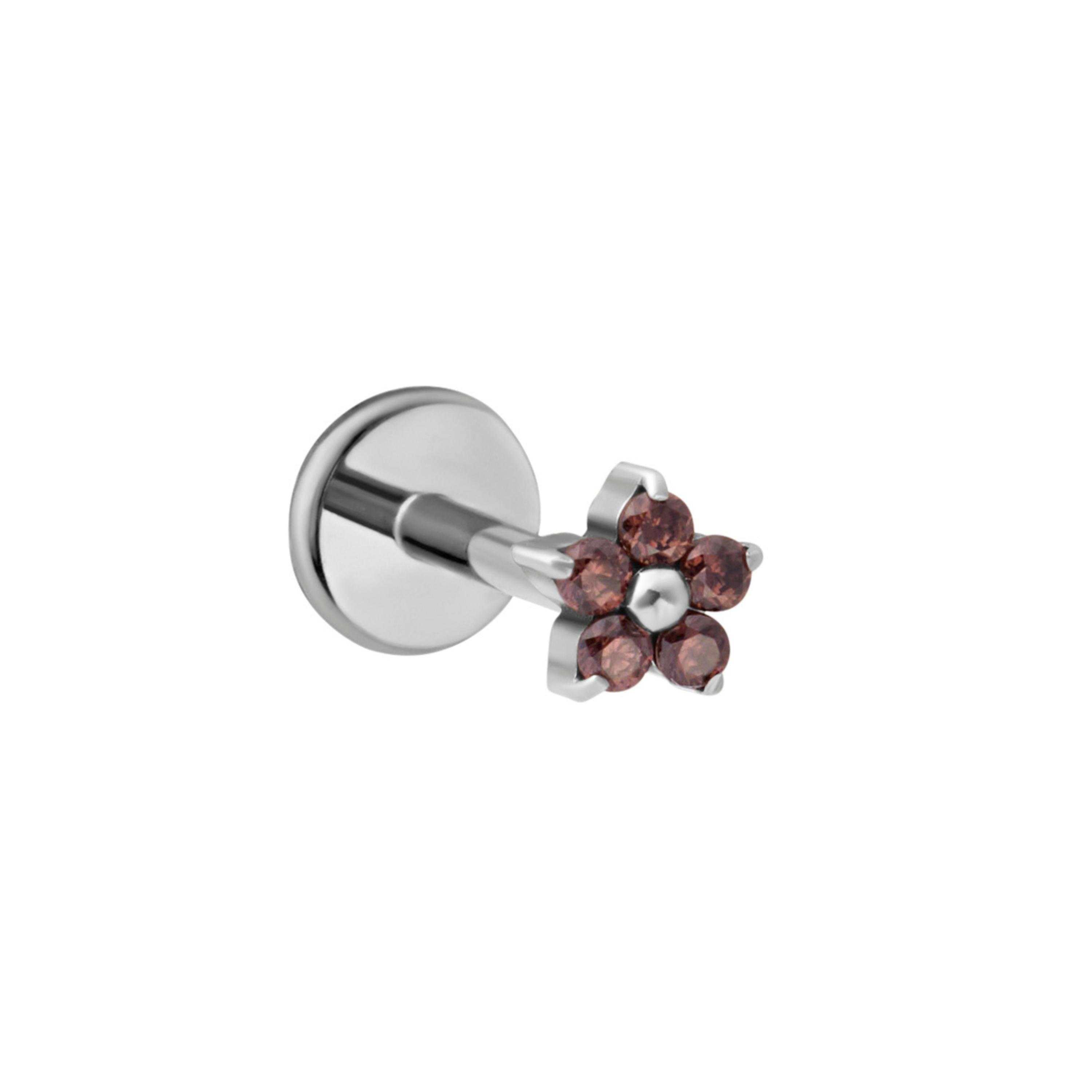 A titanium silver flat-back labret stud earring featuring a small flower cluster with five faceted dark brown gemstones, shown against a plain white background.