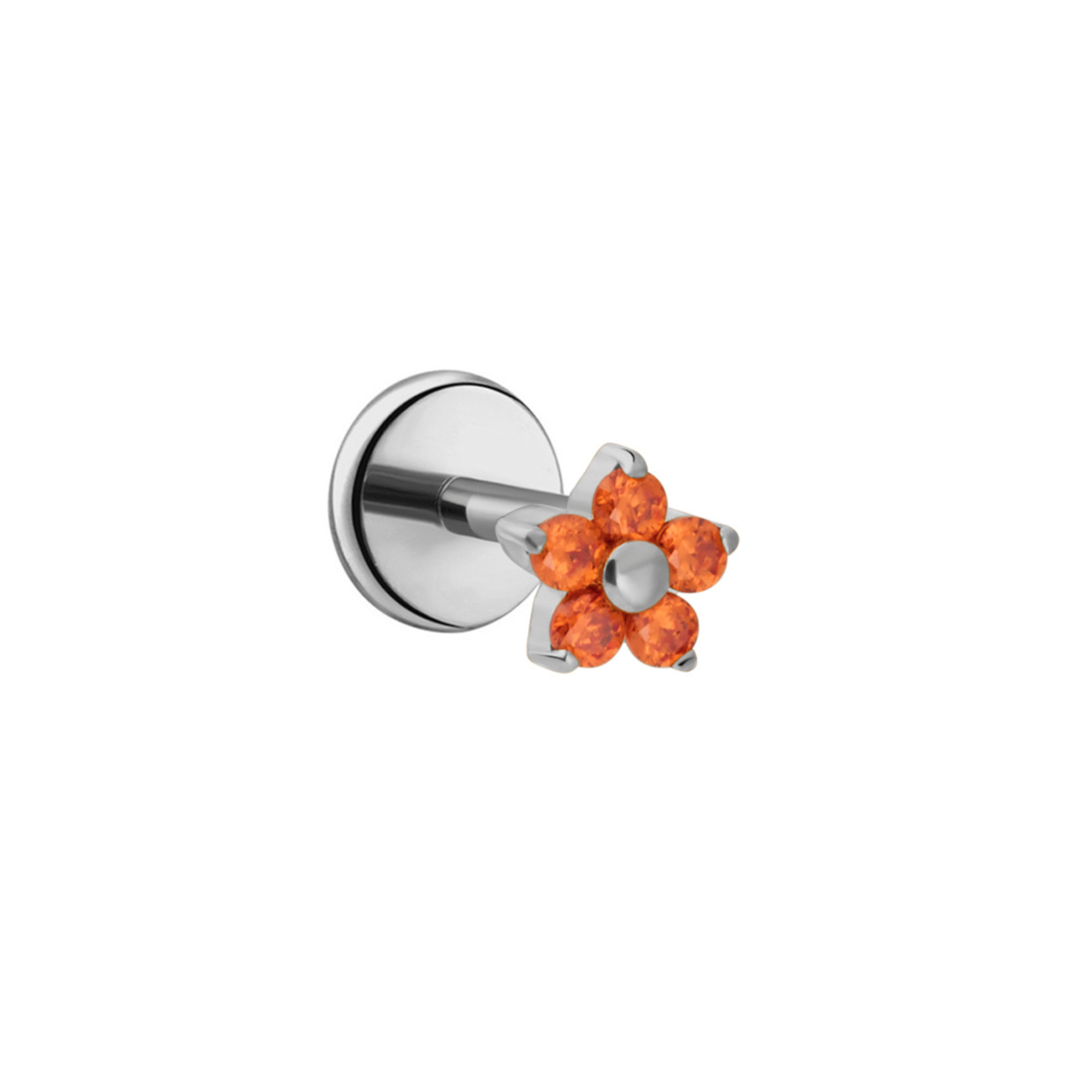 Silver titanium flat back stud earring with orange gemstones on a white background