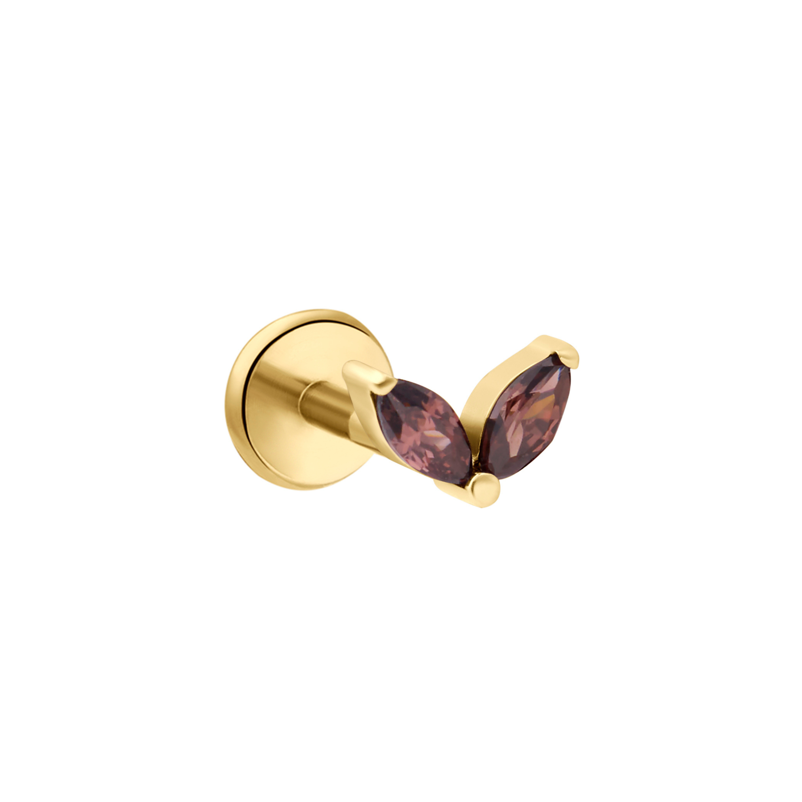 A gold flat-back labret stud earring featuring a two marquise-shaped, faceted brown gemstones, shown on a plain white background.