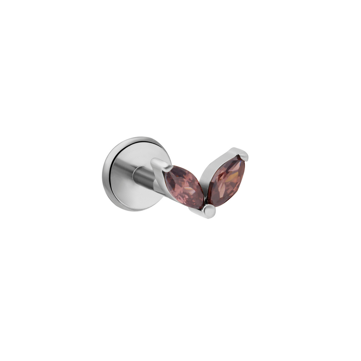 A titanium silver flat-back labret stud earring featuring a two marquise-shaped, faceted brown gemstones, shown on a plain white background.