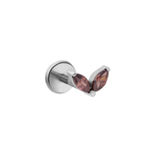 A titanium silver flat-back labret stud earring featuring a two marquise-shaped, faceted brown gemstones, shown on a plain white background.