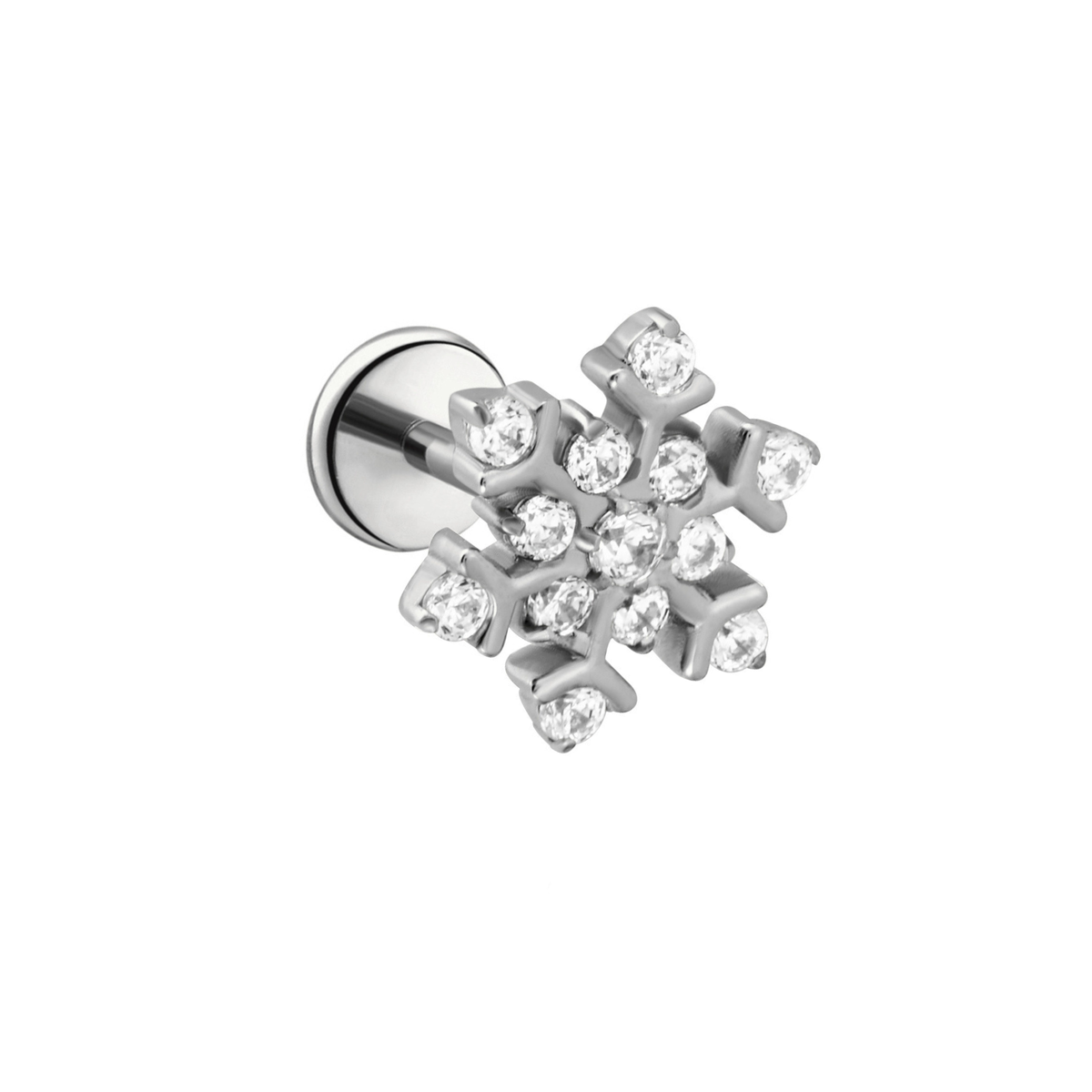 Silver snowflake earring with clear gemstones on a white background