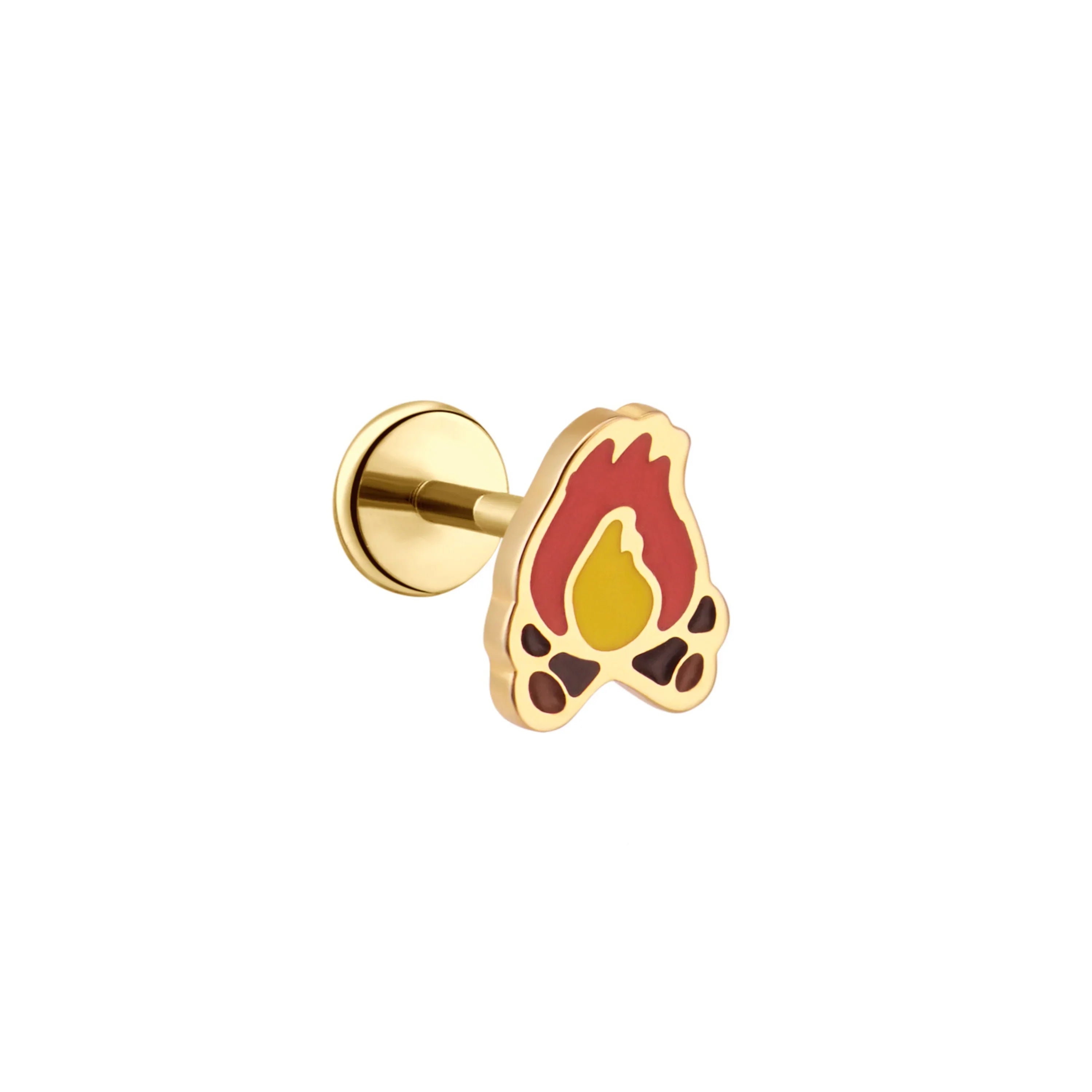 Gold earring with a campfire design on a white background