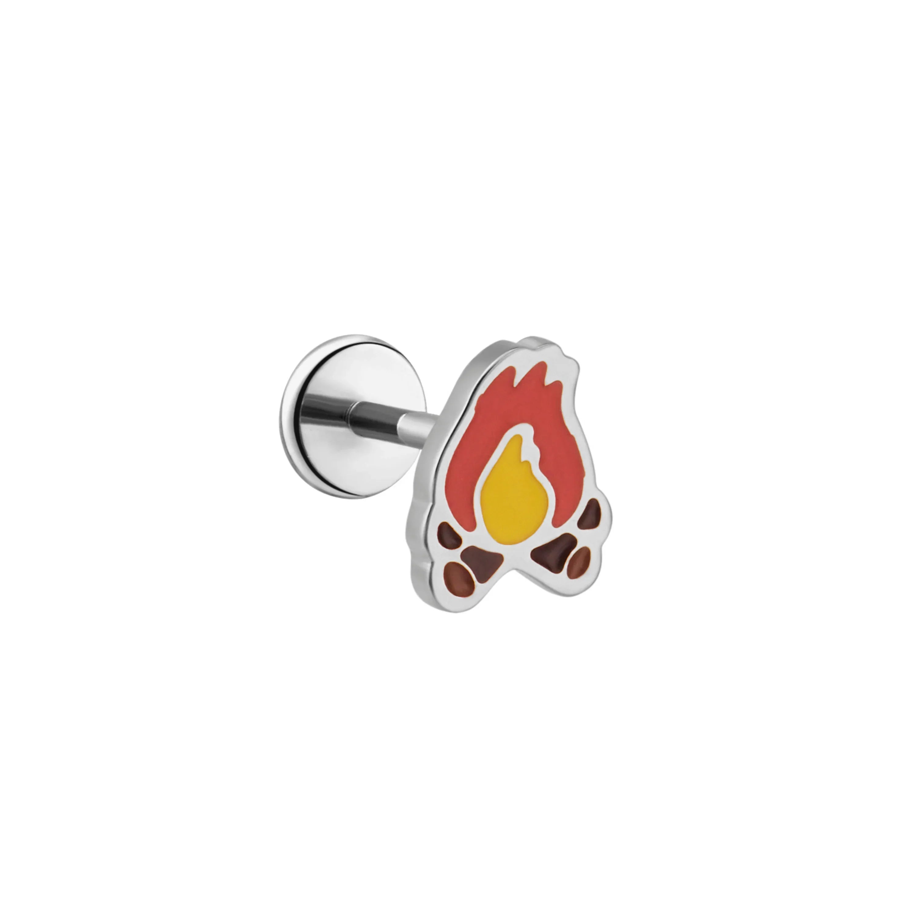 Silver earring with a campfire design on a white background