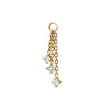 Gold chain hoop charm with three dangling round clear cubic zirconias on a white background