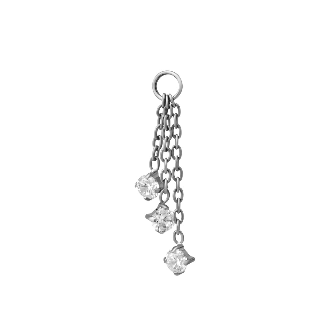 Silver chain hoop charm with three dangling round clear cubic zirconias on a white background