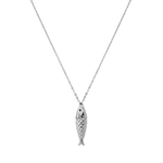Silver fish pendant on a chain against a white background