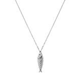 Silver fish pendant on a chain against a white background