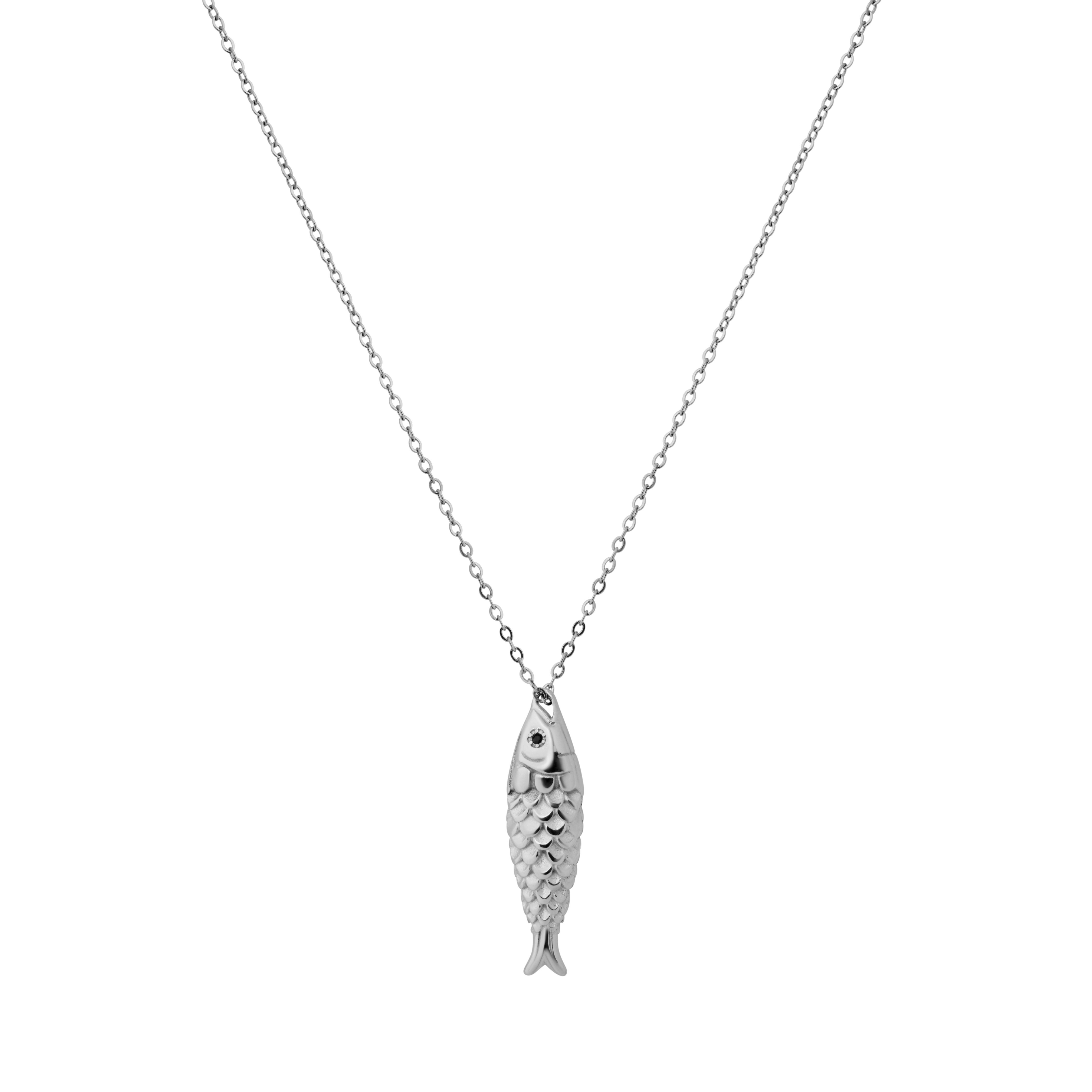 Silver fish pendant on a chain against a white background