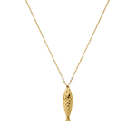 Gold fish pendant on a chain against a white background