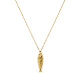 Gold fish pendant on a chain against a white background