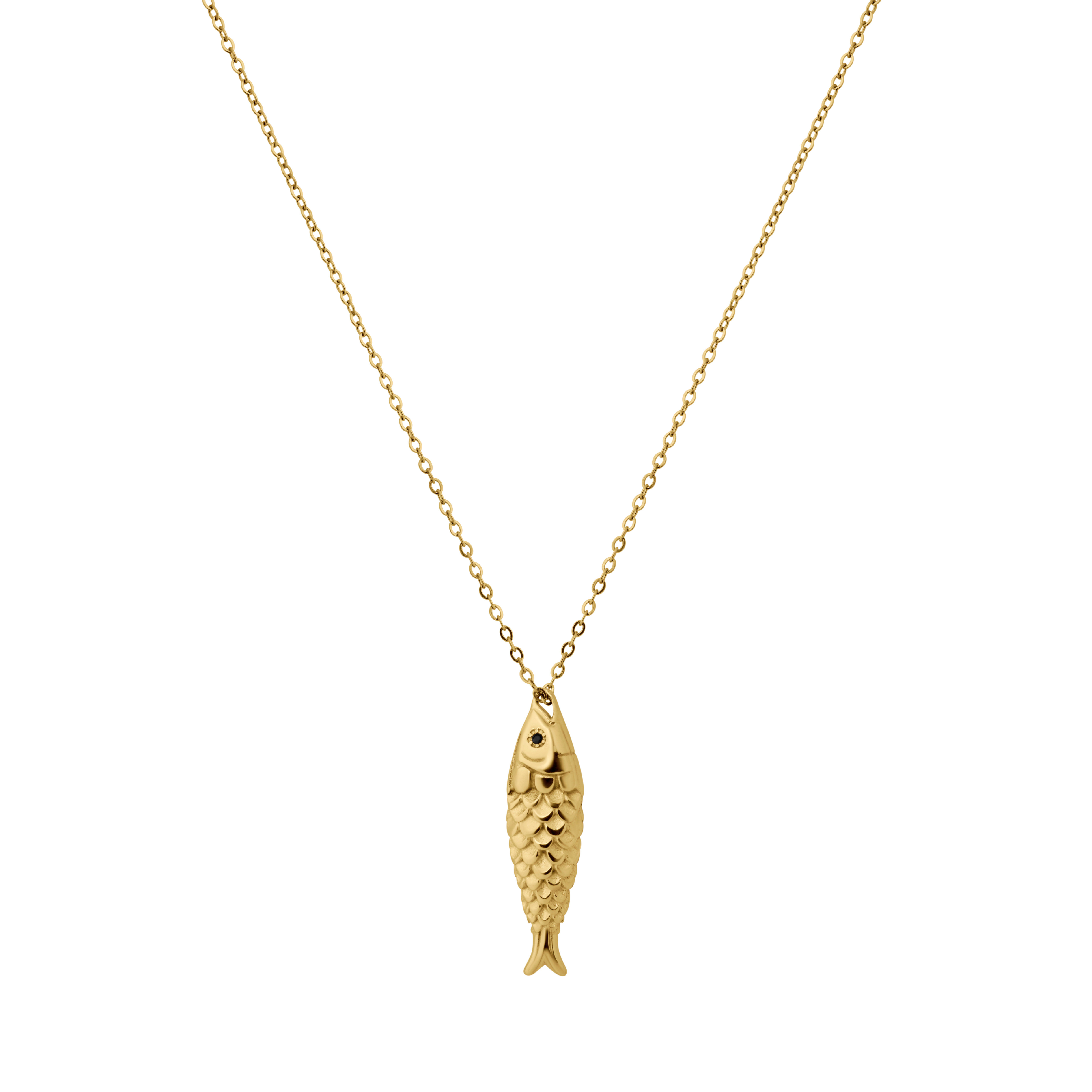 Gold fish pendant on a chain against a white background