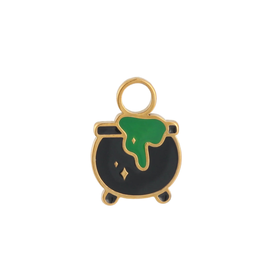 Gold and enamel hoop charm in the shape of a black cauldron with green liquid and gold rim on a white background.