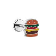 Silver and colorful enamel cheeseburger-shaped flat back stud earring on a white background