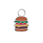 Colorful enamel hamburger-shaped silver surgical steel hoop charm on a white background
