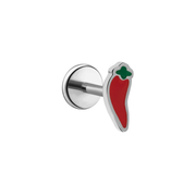 A close up of a chili pepper shaped flat back stud earring with red enamel and titanium metal on a white background