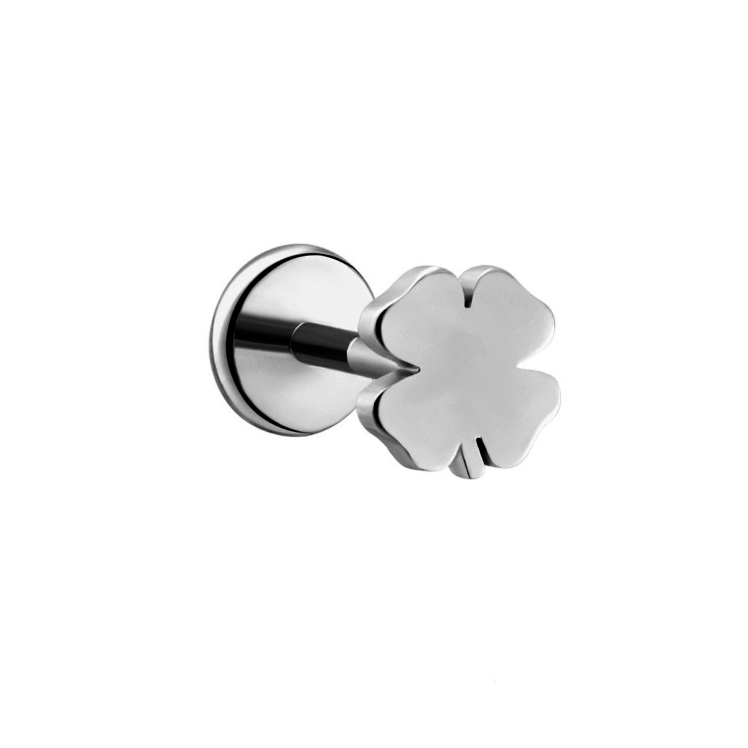 Dark silver, titanium-colored four-leaf clover-shaped flat back stud earring on a white background.