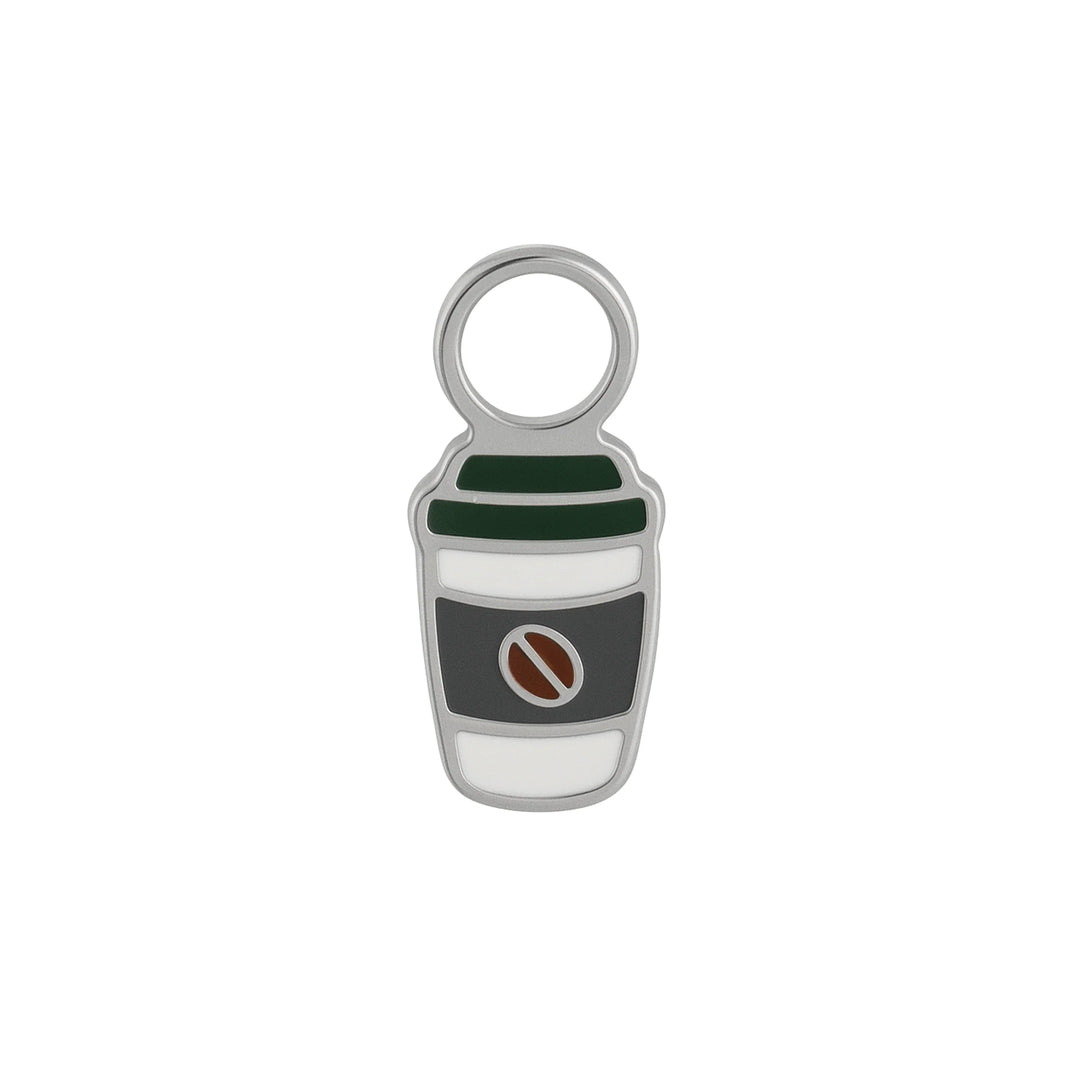 Silver titanium and enamel coffee cup charm on a white background