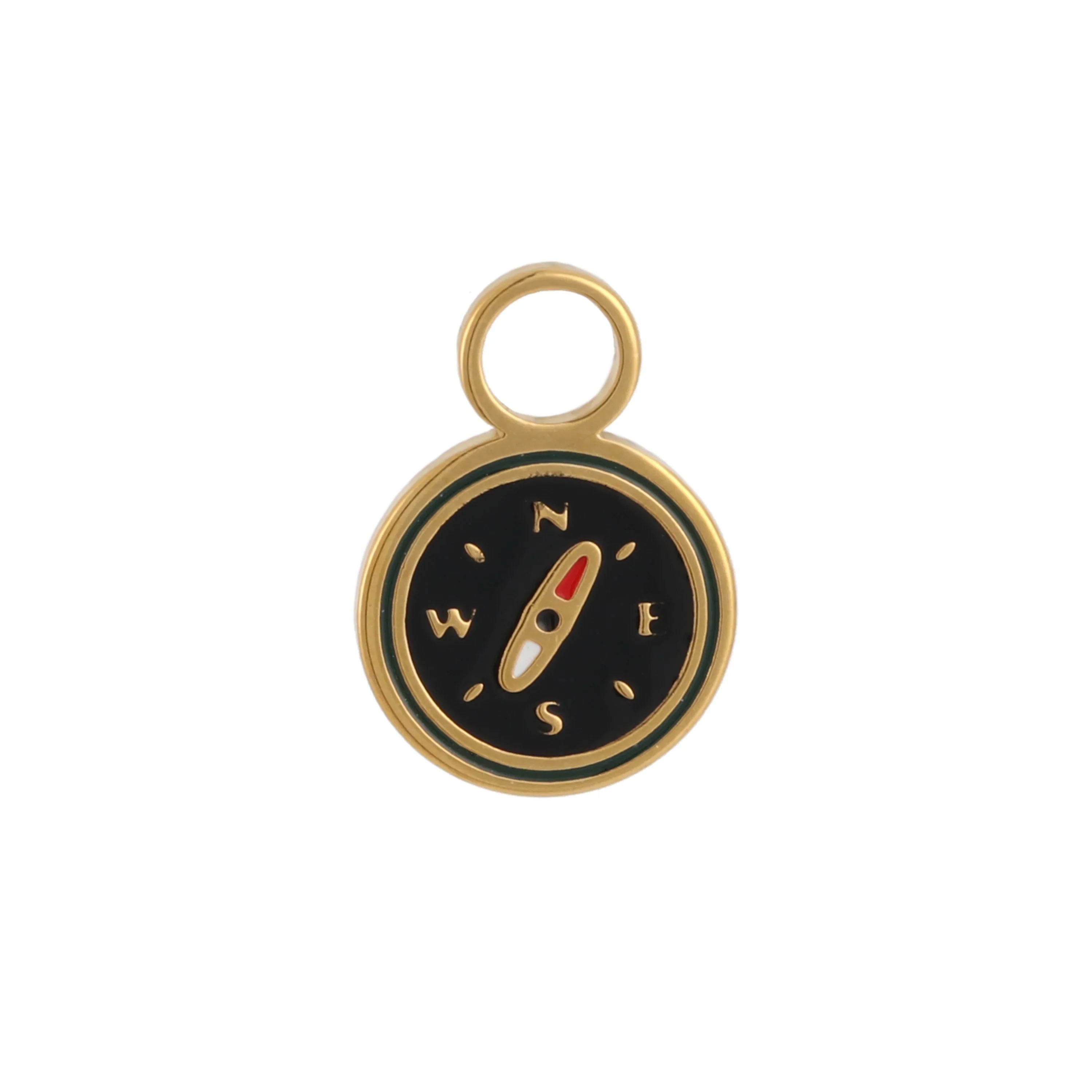 Gold, black, red, and white enamel compass hoop charm on a white background