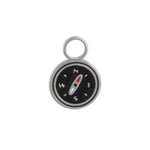 Silver, black, red, and white enamel compass hoop charm on a white background