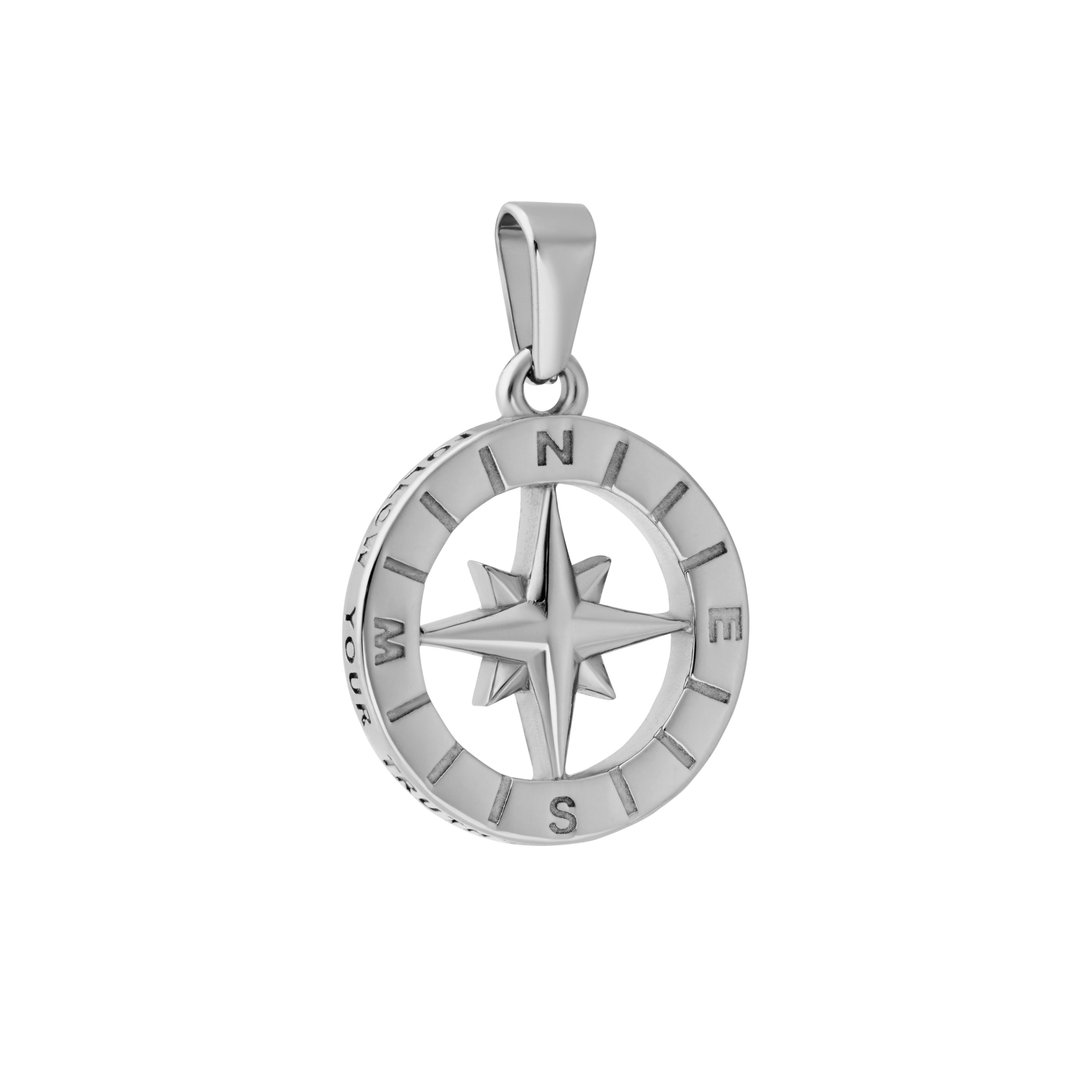 Silver compass pendant on a white background