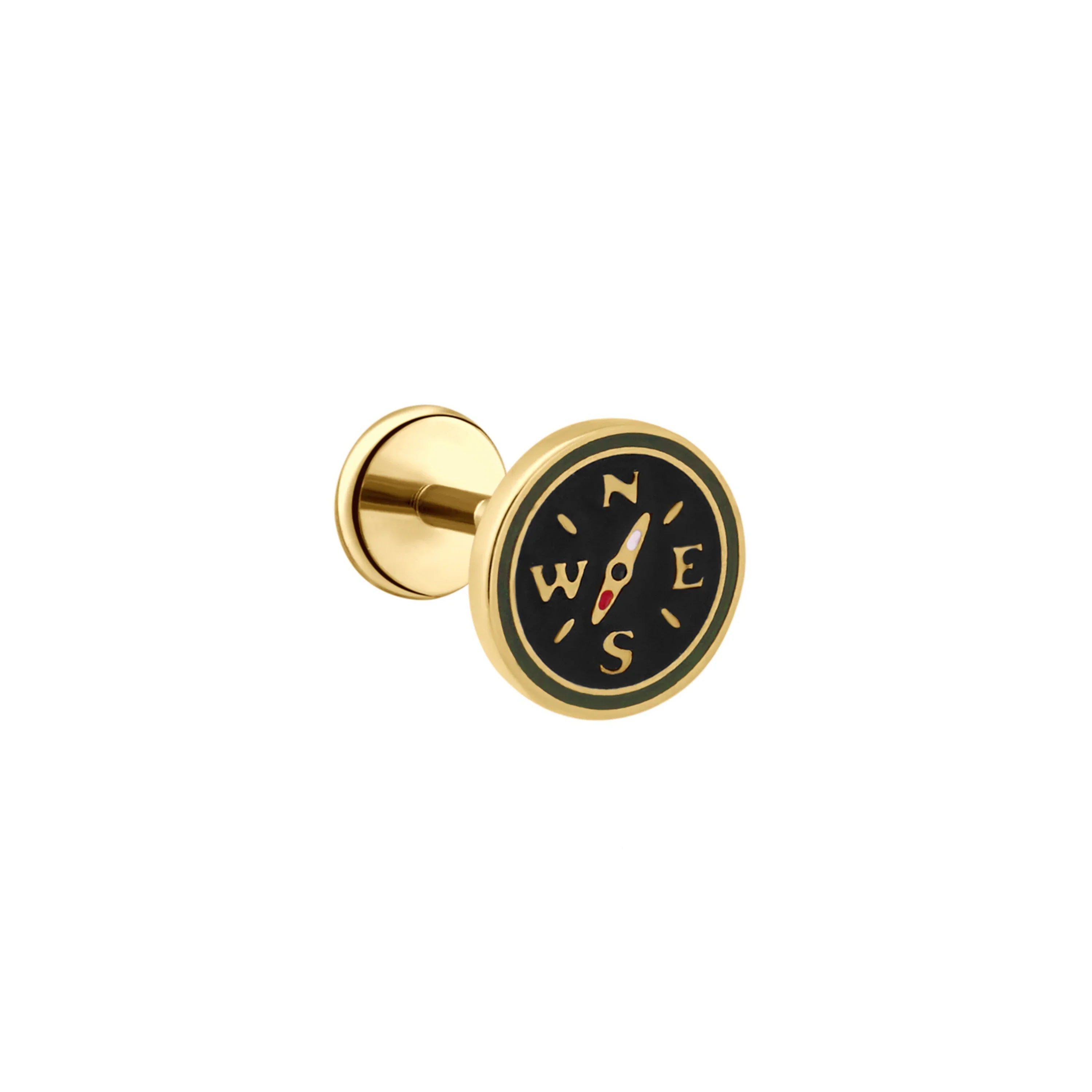 Compass-style enamel gold plated titanium flat back stud earring on a white background