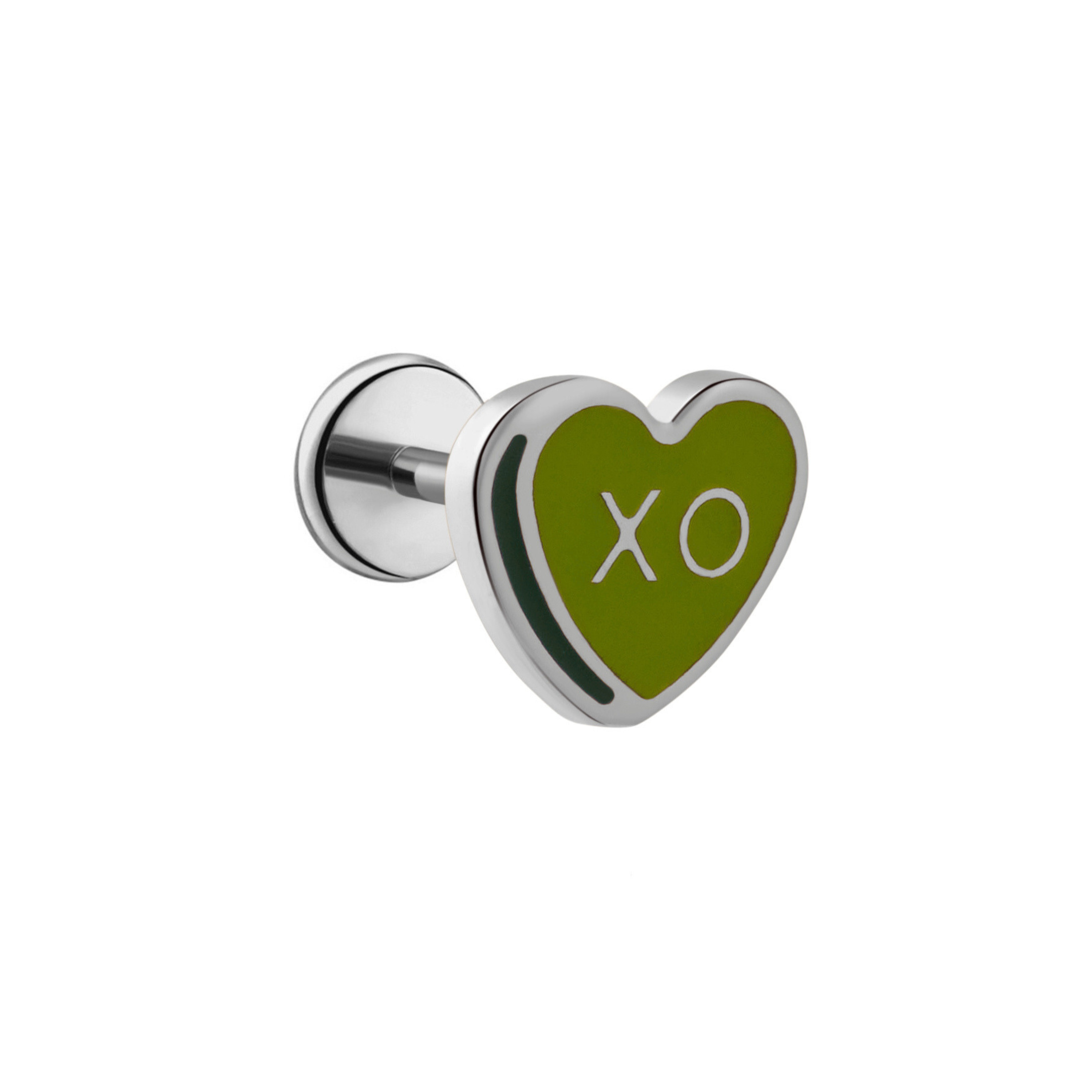 Titanium silver heart-shaped green enamel flat back stud with 'XO' text on a white background