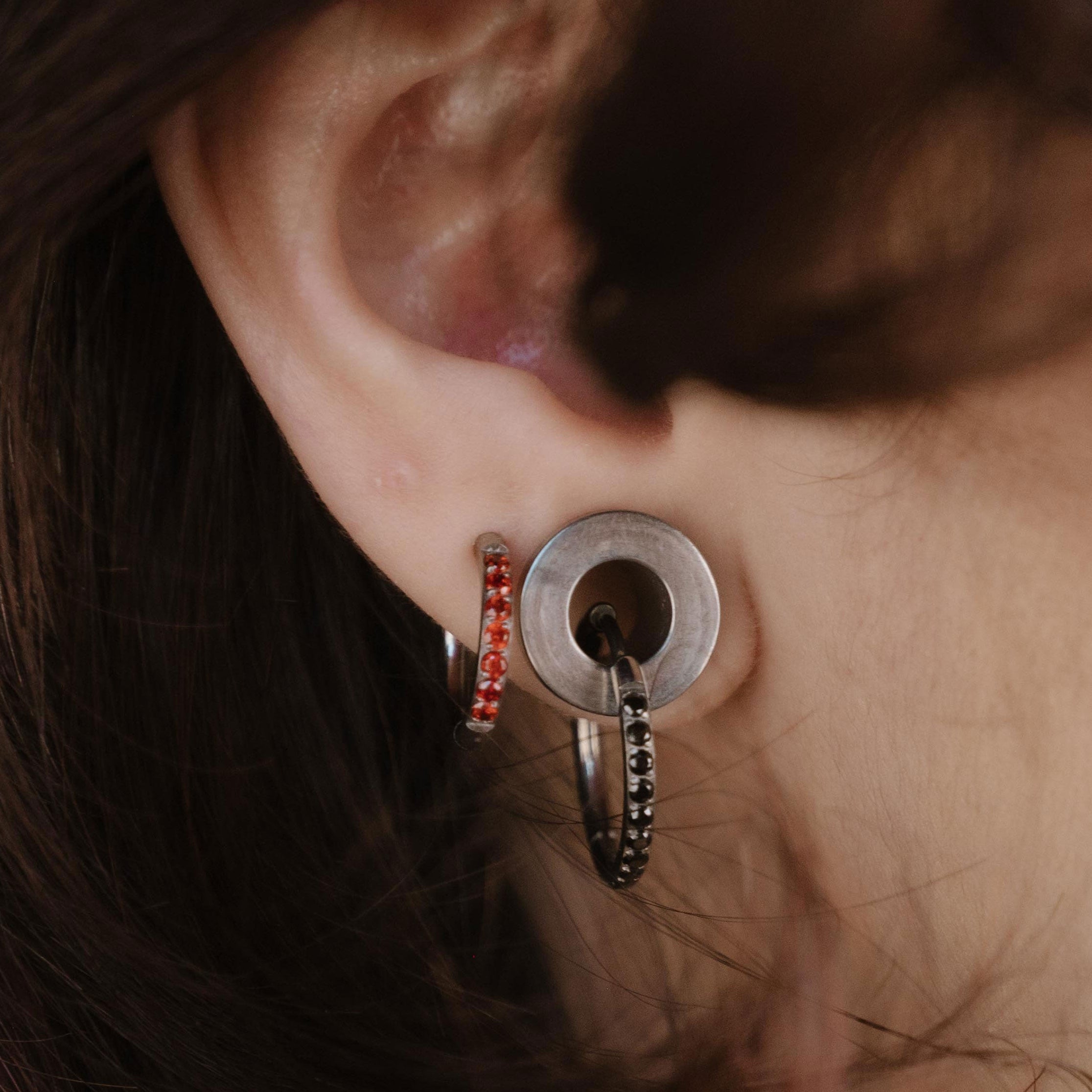 Titanium Celestial Hoops - Garnet