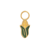 Gold, yellow, and green half-peeled corn ear hoop charm on a white background